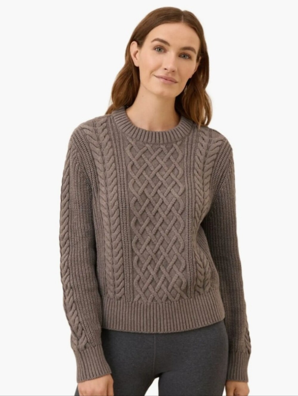 Pact Organic Cotton Cable Knit Crew Sweater Tan Women's Large Fishermen Coastal
